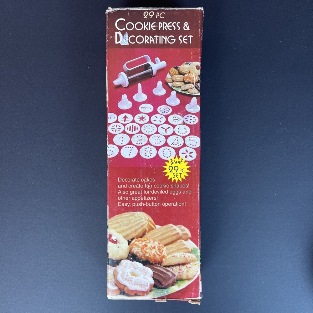 Giant 29 Piece Cookie Press & Decorating Icing Set VTG 20 Disks 6 Icing Tips NEW